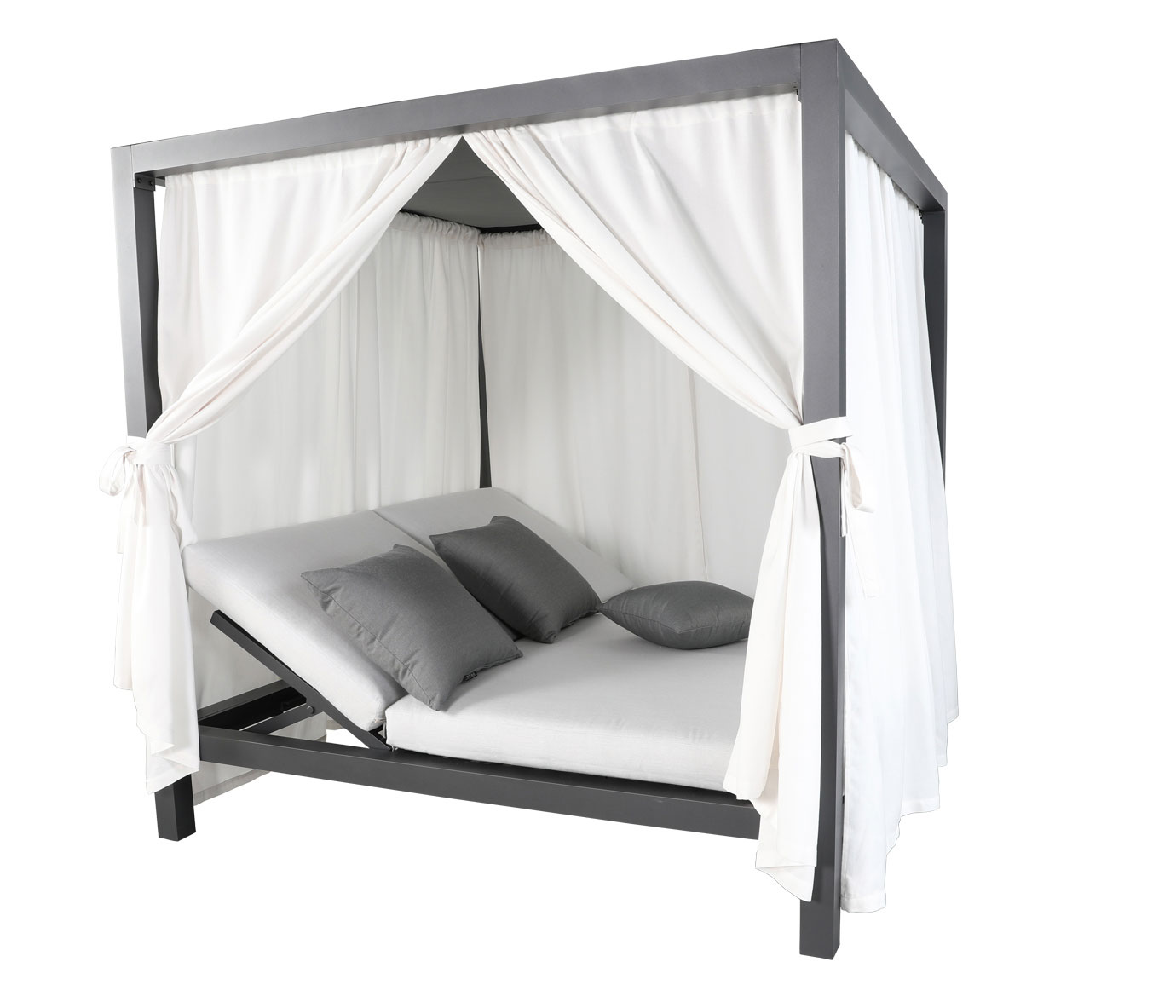 CabanaCoast Muse Cabana Daybed SR4C in storm finish with sling roof and 4 curtain panels