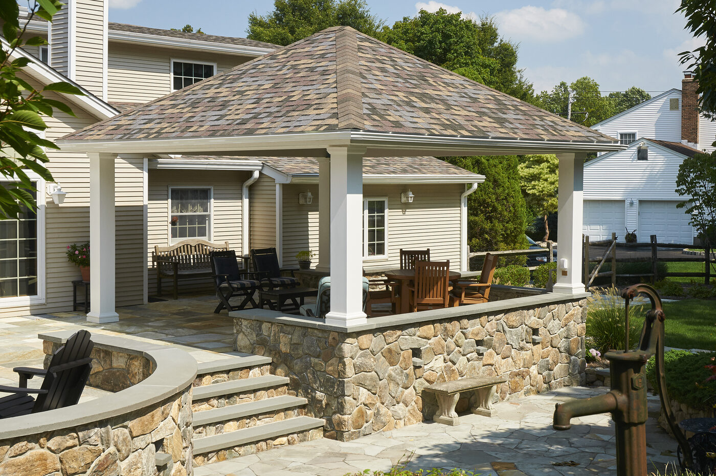 Homestead Vintage pavilion with vinyl columns and architectural shingle roof