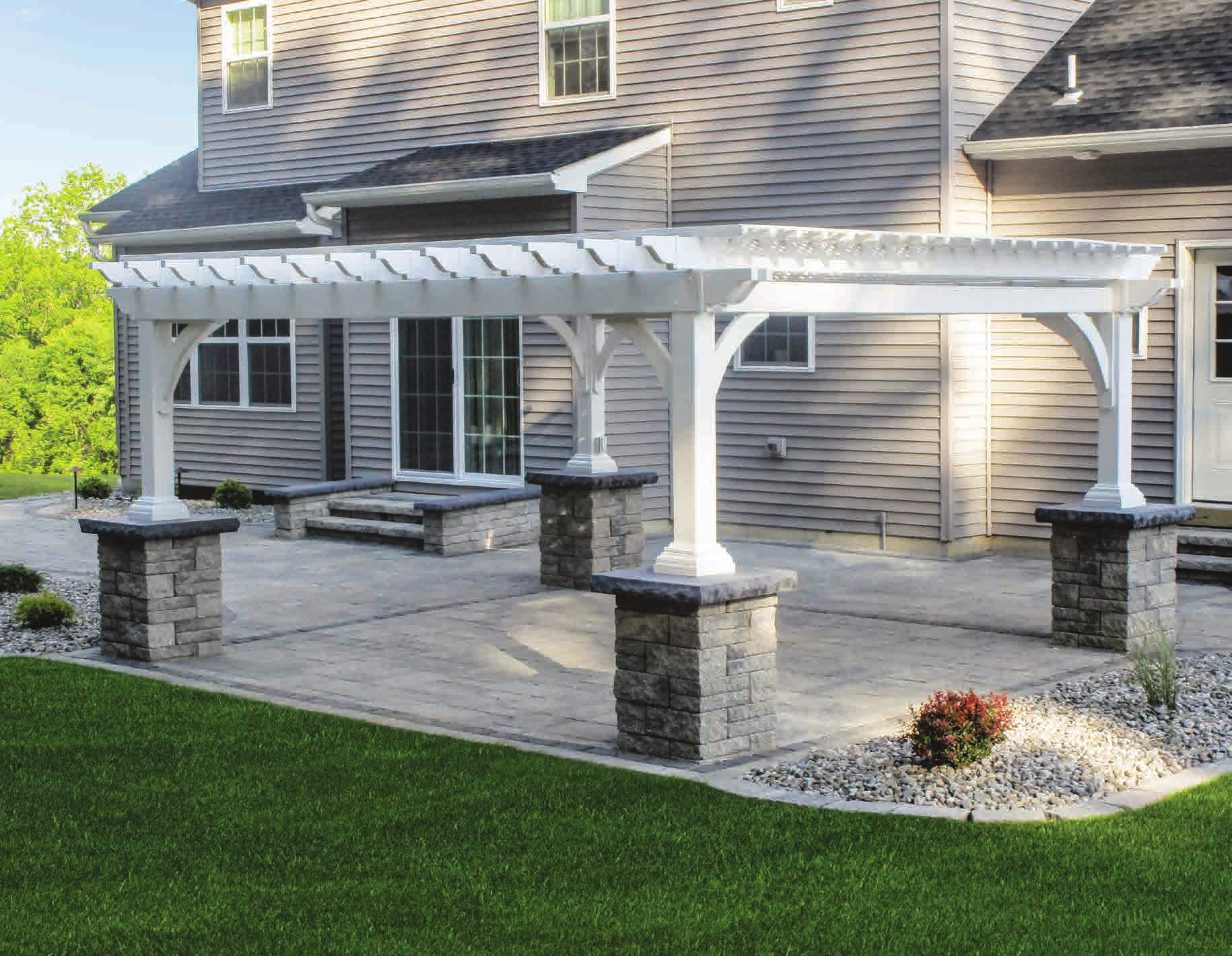 Homestead Elegant Vinyl pergola with white finish and lattice roof option
