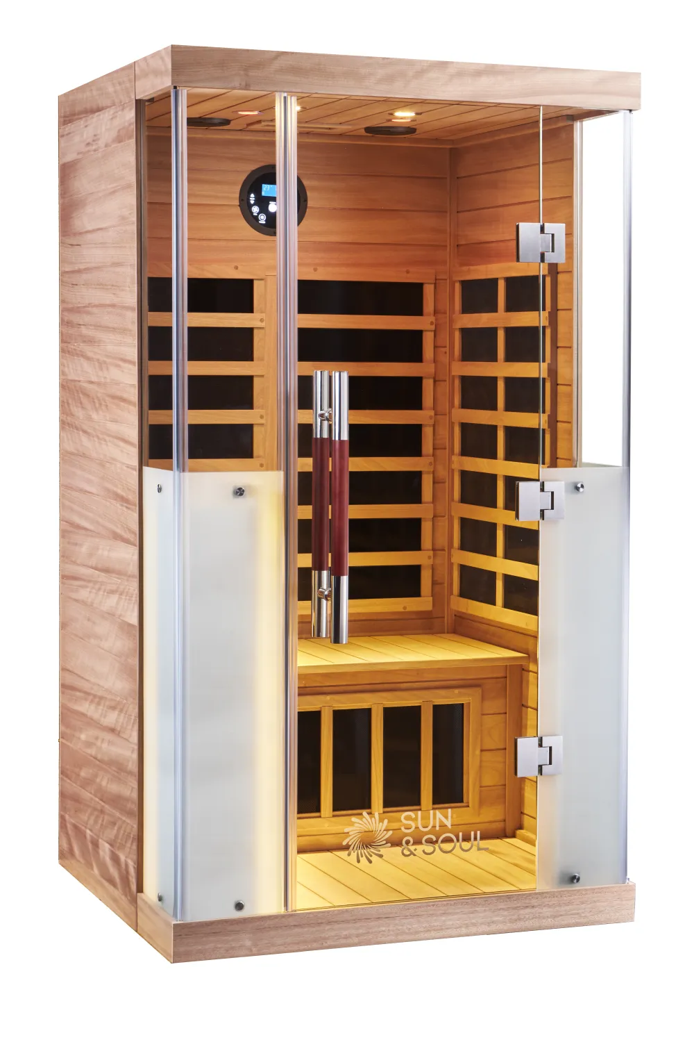 Sun 2i infrared sauna — angled view, glass front and door