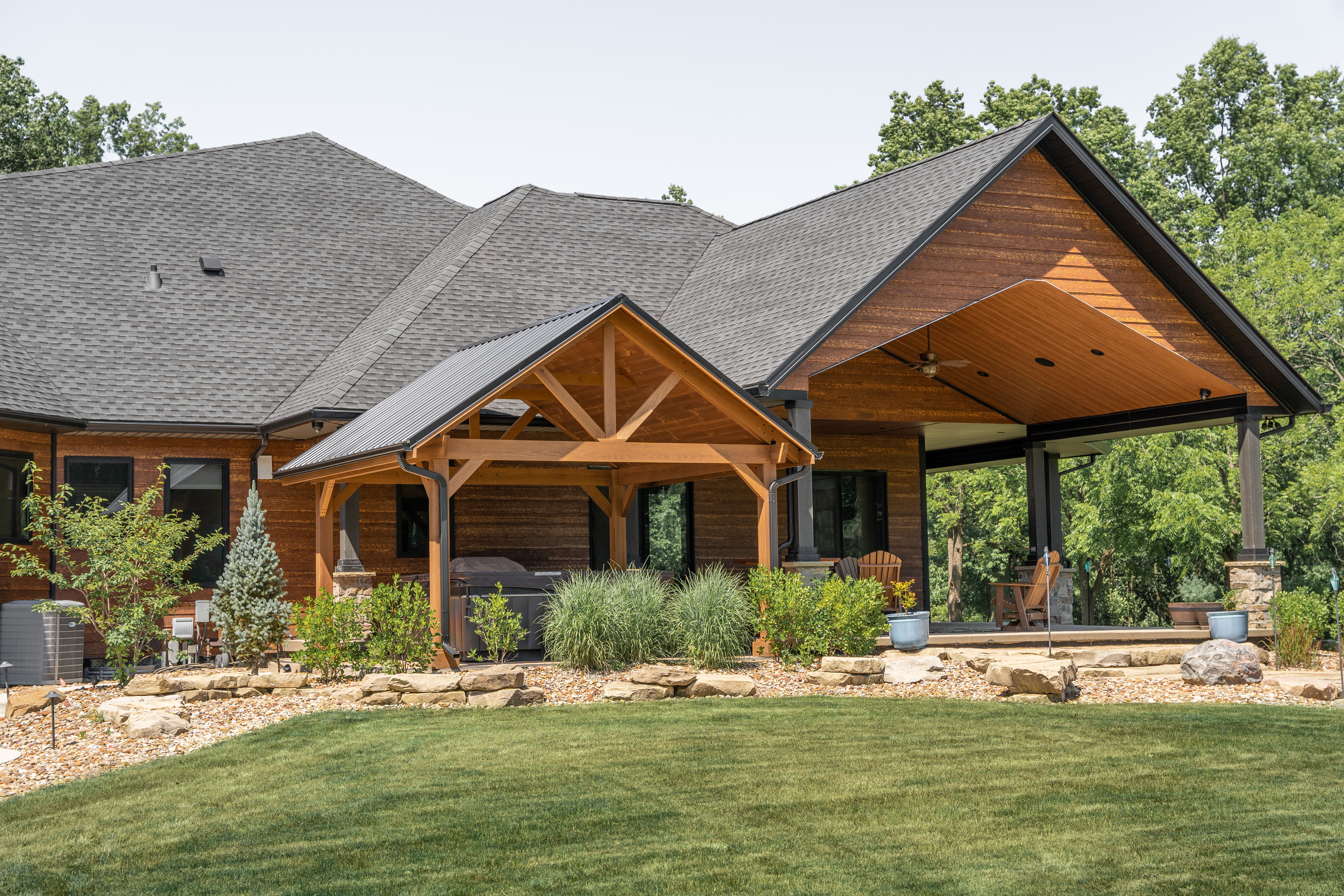14x14 Breckenridge pavilion in cedartone with black metal roof