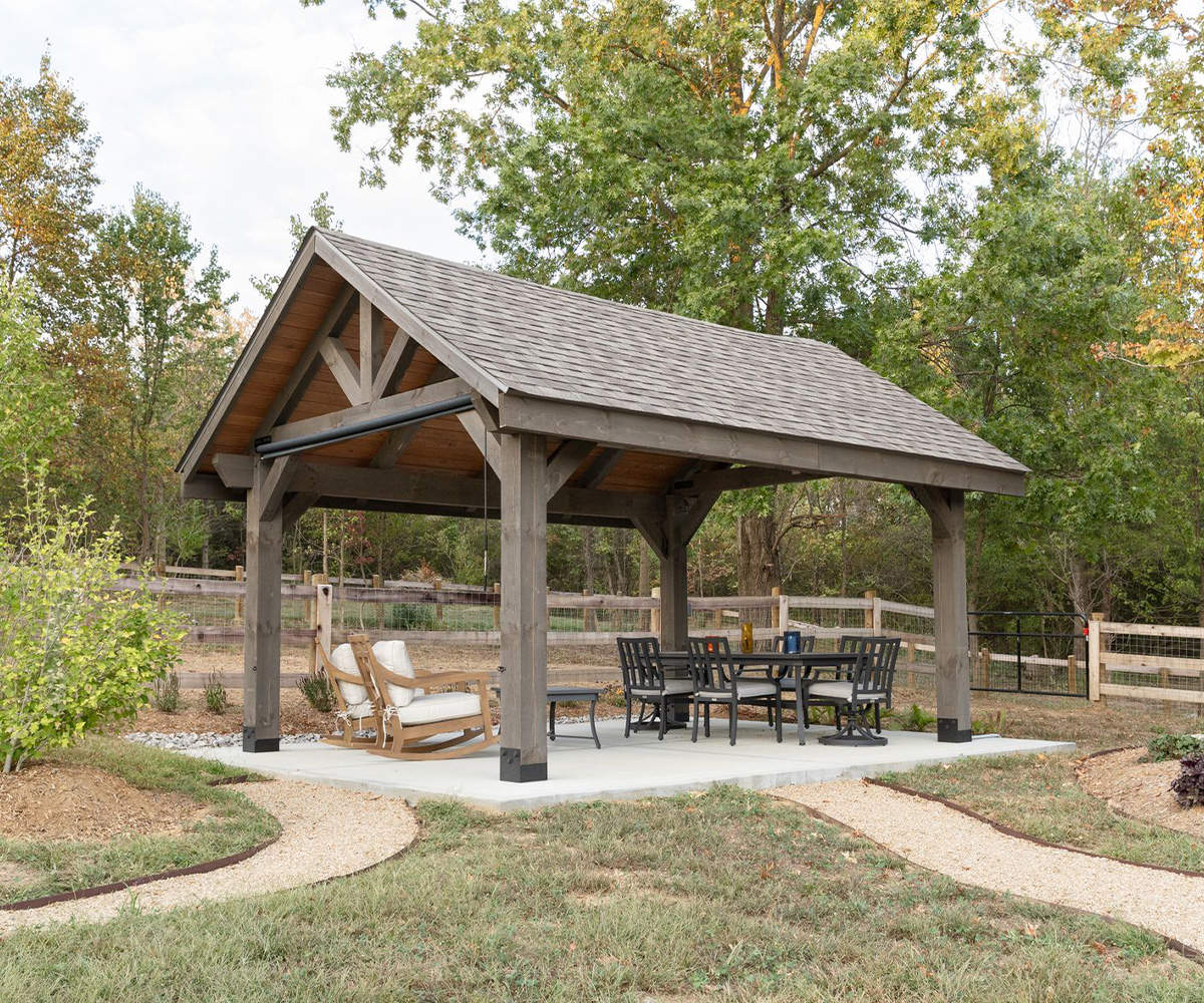 Berlin Gardens Mesa wood pavilion in white pine with stormcloud stain